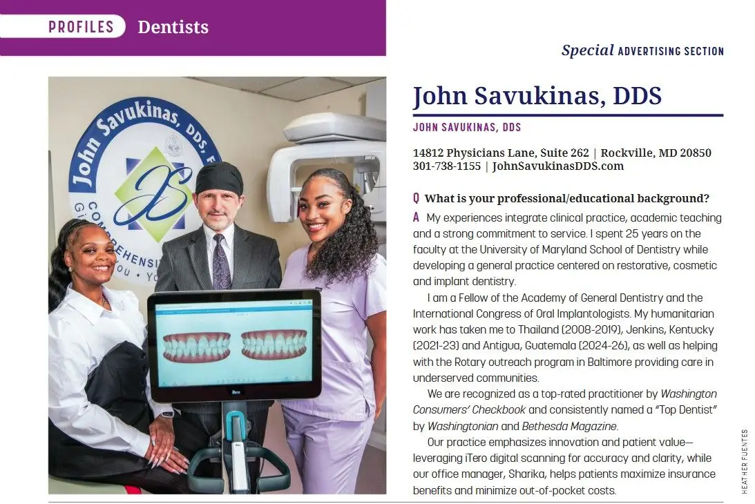 Bethesda Magazine Top Dentist 2026 recognition for Dr. John Savukinas, DDS