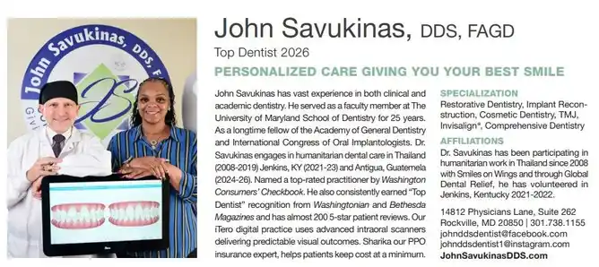 Washingtonian Magazine Top Dentist 2026 recognition for Dr. John Savukinas, DDS, FAGD